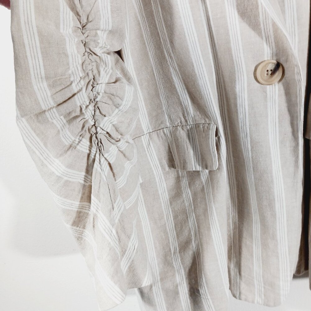 Free People "Fern" Oversized Striped Linen Blend Blazer, Ruched Sleeves SZ Small - Picture 8 of 16